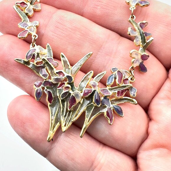 Rare Vintage 14K Yellow Gold Plique a  Jour Necklace Flower Design 22 Grams - Picture 2 of 11